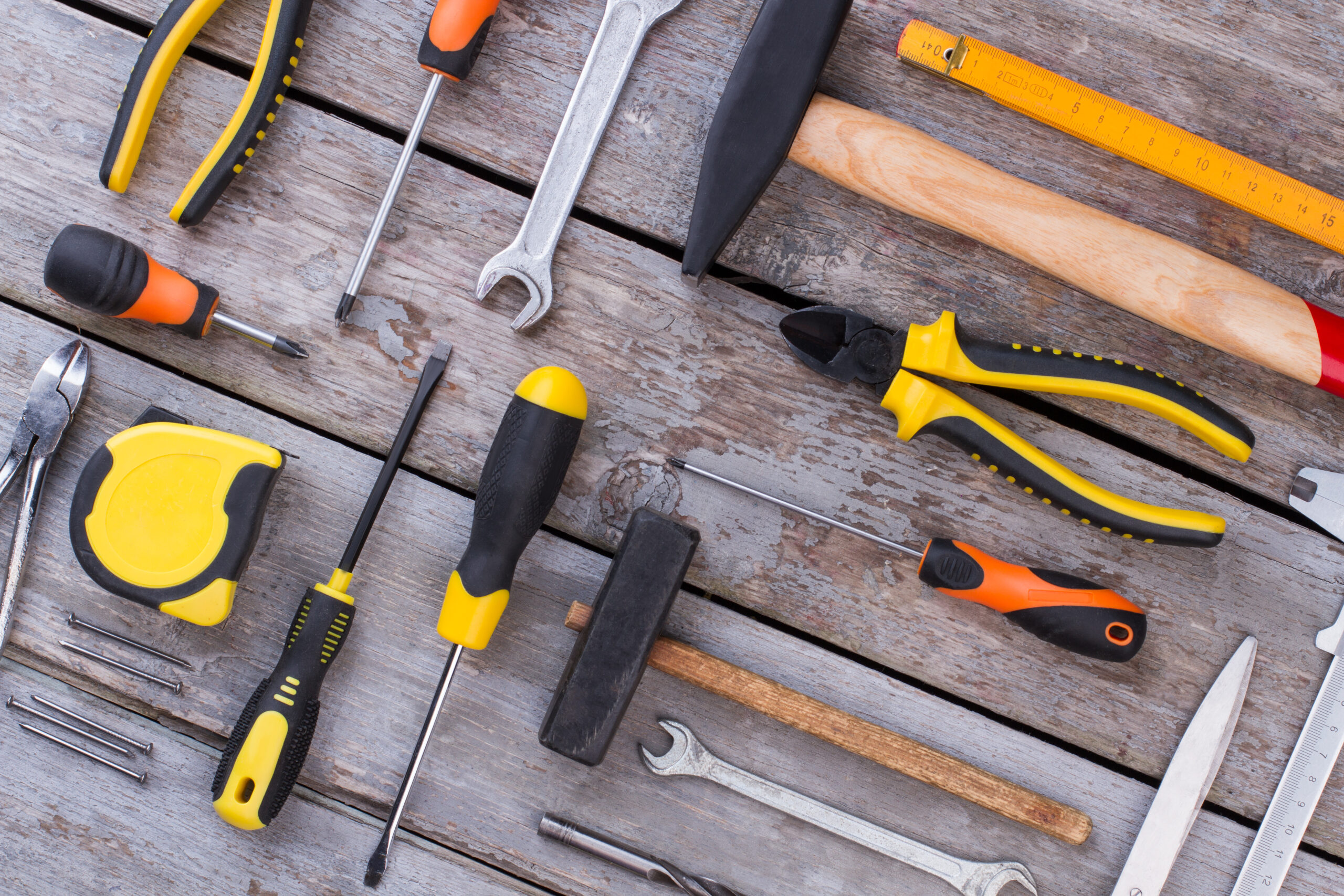 Assorted woodwork, carpentry or construction tools. Background of construction instruments. Equipment for building.